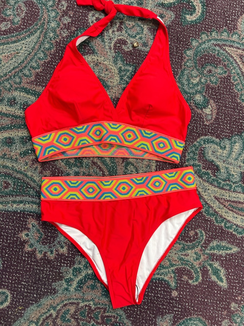 SHEIN Red Bikini Set with Multicolor Geometric Trim